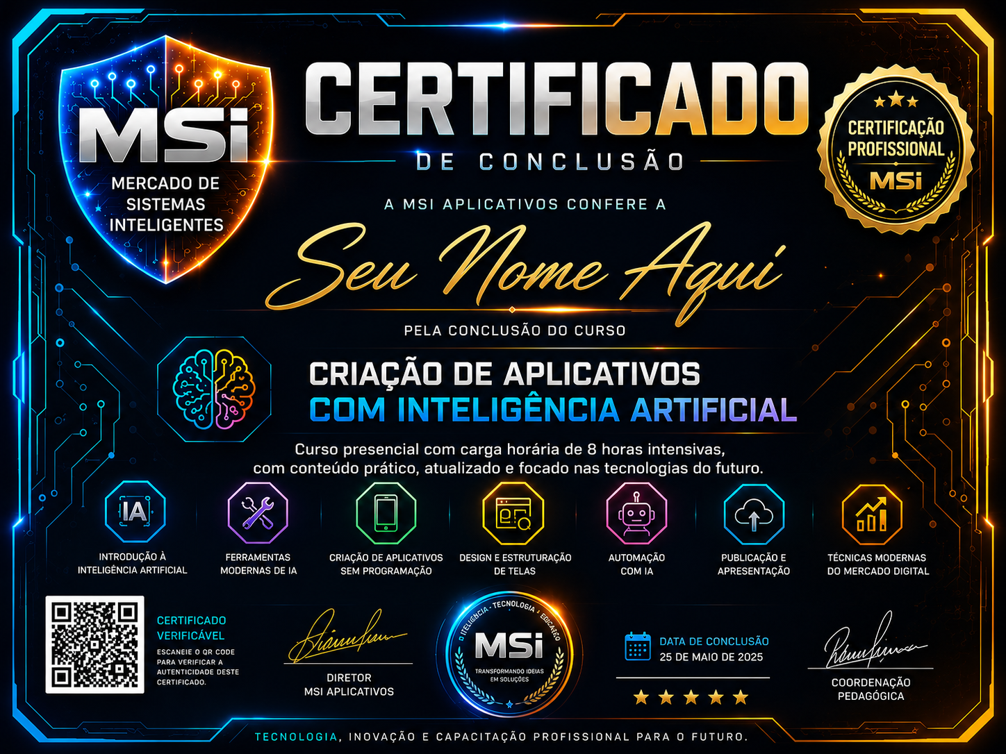 Frente do certificado oficial MSI Aplicativos